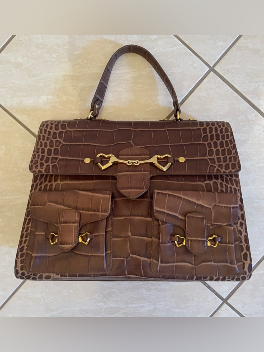 Brown Croc-Embossed Top-Handle Satchel - Women Bags - Picture 7 of 16